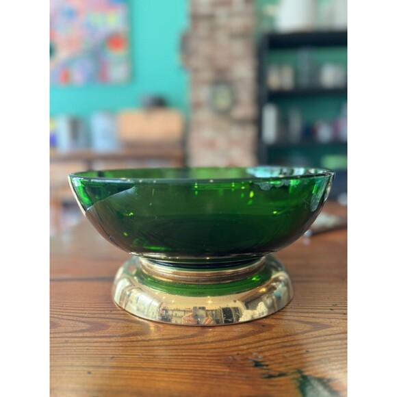 Paden City MCM Atomic Emerald Glo Green 9.25" Serving Bowl With Brass Base - Picture 13 of 14